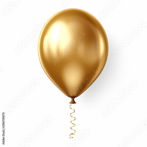 A shiny, golden balloon floats upwards. It has a smooth, reflective surface and a black string attached to its nozzle.