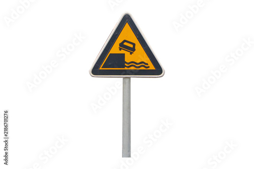 Warning road sign icon symbol indicating water hazard and risk of vehicles falling into water isolated on cut out PNG or transparent. End of unprotected road near riverbank, dock, or steep waterfront.