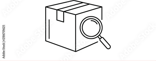 Logistics inspection line art icon with closed cardboard delivery box and magnifying glass for package quality control