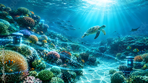 Premium conceptual visualization of ocean conservation supported by advanced environmental technology, featuring a healthy coral reef ecosystem beneath a sophisticated digital monitoring network