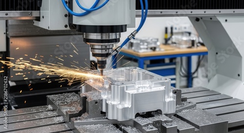 A CNC milling machine cuts a large aluminum block, generating sparks. The machine is positioned on a metal table, and a workpiece rests on a separate surface.