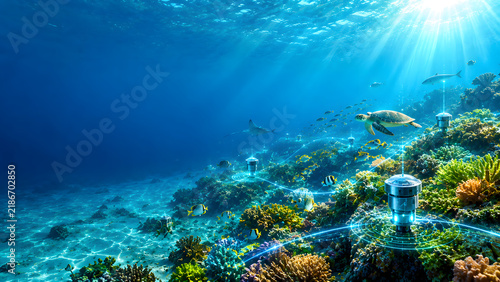 Premium conceptual visualization of ocean conservation supported by advanced environmental technology, featuring a healthy coral reef ecosystem beneath a sophisticated digital monitoring network