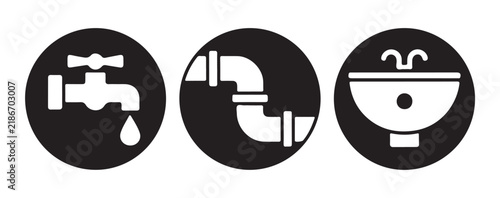 Plumbing tools set featuring faucet pipe segments and sink bowl silhouettes for residential building maintenance.