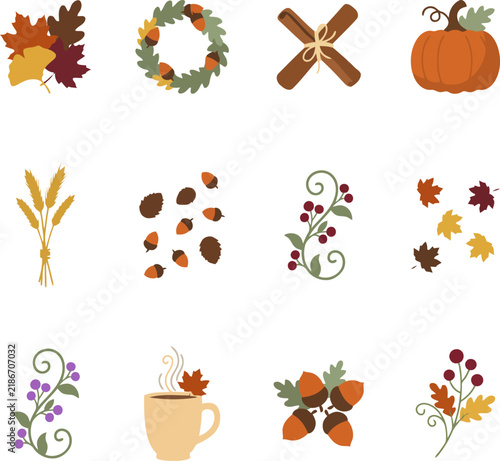 Set of cute autumn harvest elements with leaves acorns pumpkin and coffee cup for seasonal design