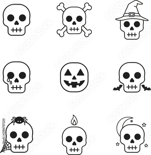 Set of minimalist Halloween skull icons featuring various spooky themes and holiday symbols for creative designs
