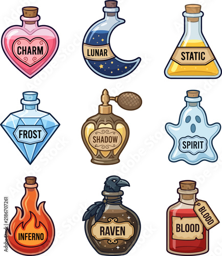 Various magical fantasy liquid containers and mystical bottles featuring unique labels for spell casting projects