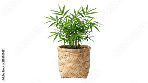 Potted bamboo plant in woven wicker basket, green tropical houseplant for interior decor, natural bamboo leaves in straw pot isolated PNG with Transparent Background