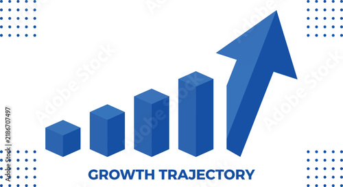Growth trajectory business bar chart, blue 3D isometric financial graph with rising arrow, corporate success and data analytics vector