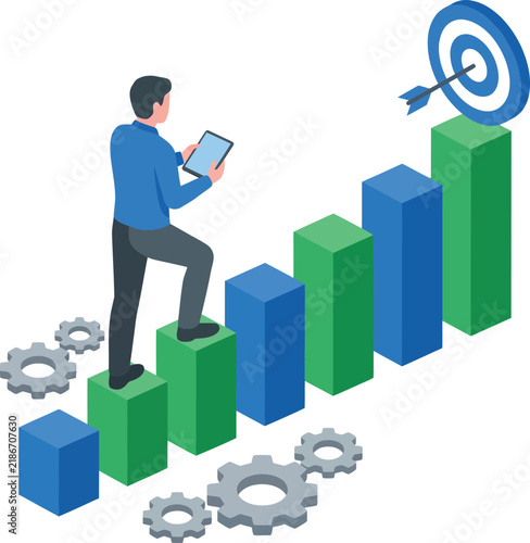 Isometric business growth chart with man climbing bar graph, professional success and financial goal achievement, blue and green data visualization