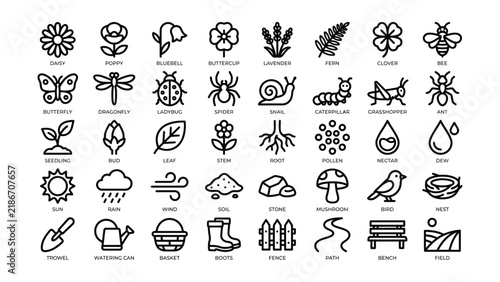 Collection of Minimalist Line Icons Featuring Plants Flowers Insects Garden Tools Weather Elements and Nature Symbols