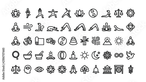 Collection of Minimalist Line Icons Featuring Yoga Poses Symbols Spiritual and Nature Related Designs on Transparent Background