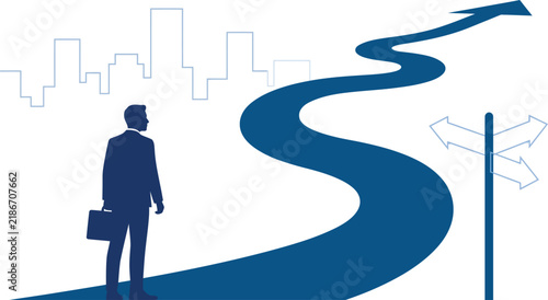 Business career path concept with businessman silhouette, winding road arrow leading to city skyline, professional success and future planning