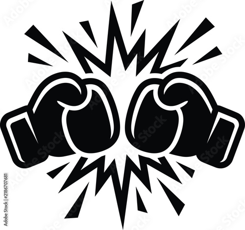 Boxing gloves clashing with impact burst, black and white combat sports vector, martial arts competition icon for gym branding