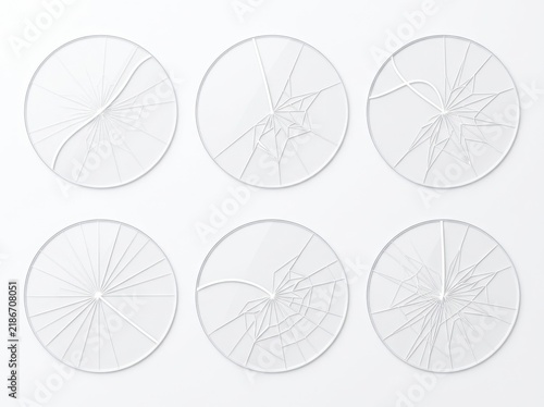 Set of six round glass circles with various broken and cracked patterns