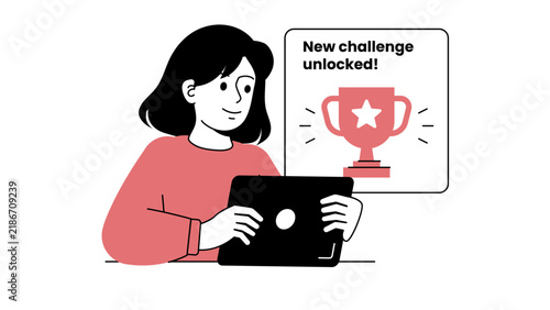 A woman unlocking a new challenge on her digital device, symbolizing achievement and gamified education