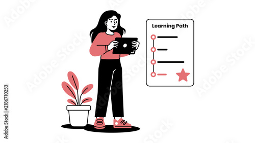 A woman using a tablet to follow a structured learning path, symbolizing personalized study journeys and academic roadmap