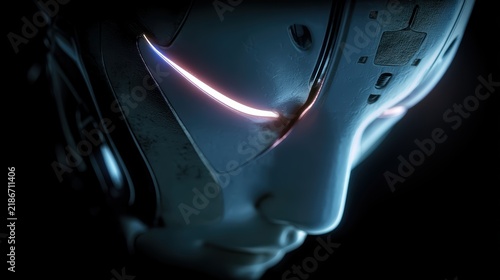 Futuristic Humanoid Cyborg Face with Glowing LED Eyes in Dark High Tech Environment
