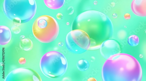 Colorful soap bubbles floating on a vibrant green pastel background.