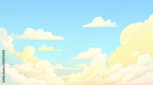 A serene blue sky filled with soft, glowing cartoon clouds.