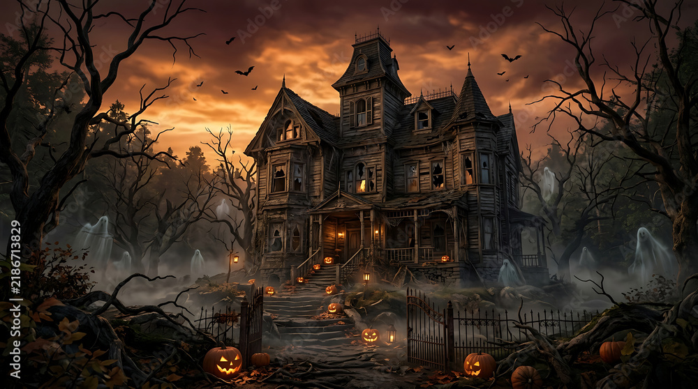 Obraz premium Creepy haunted mansion with carved pumpkins during a spooky twilight Halloween night