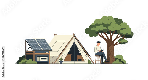 Digital Nomad Working Remotely in Eco-friendly Glamping Tent with Solar Panels and Portable Power Station Vector