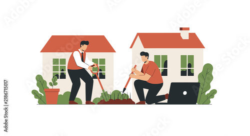 Men gardening near suburban houses with laptop, representing work-life balance and home improvement.