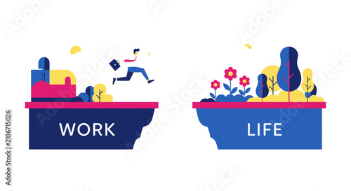 Work-Life Balance Concept Illustration of Businessman Jumping to Nature