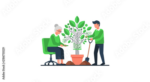 Vector illustration of people nurturing a digital circuit tree, symbolizing sustainable technology and ecological growth.