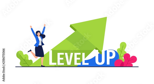 Level Up Business Growth Concept with Successful Woman Celebrating Professional Success and Career Progress