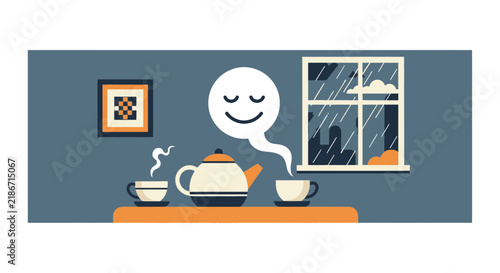 Cozy Tea Time Flat Illustration with Smiling Steam Spirit and Rain Window