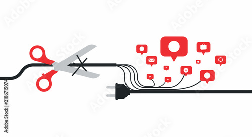 Digital Detox Concept: Scissors Cutting Cable Connected to Social Media Notification Icons