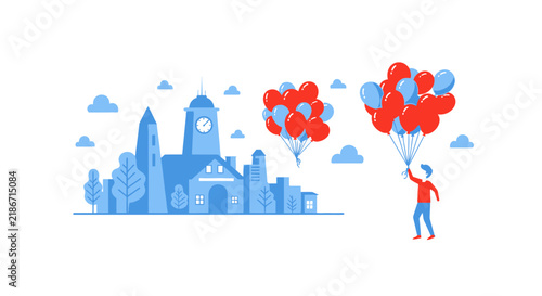 Flat Illustration of a Man Holding Red and Blue Balloons with City Skyline Background