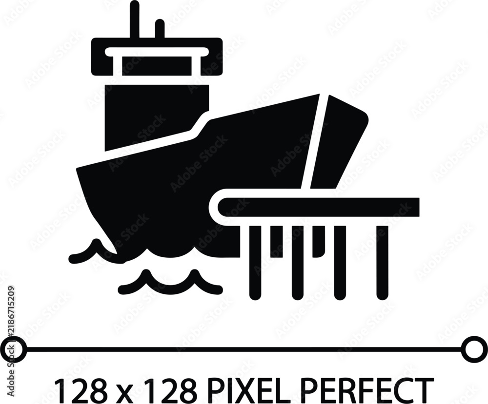 Obraz premium Cargo ship at seaport harbor pier black solid glyph icon representing global maritime shipping industry infrastructure