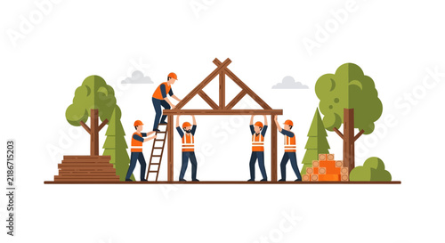 Construction Team Building Wooden House Frame Flat Vector Illustration
