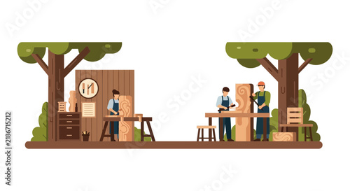 Artisans Woodcarving in Outdoor Studio Flat Vector Illustration