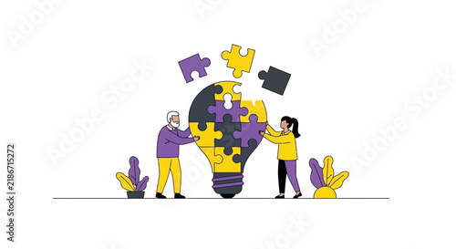 Business Teamwork Illustration: People Assembling Light Bulb Puzzle for Creative Innovation