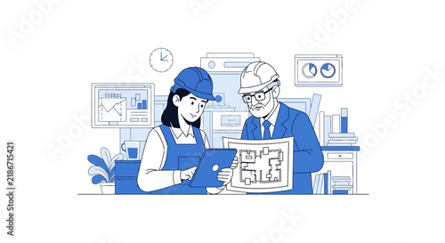 Engineers Reviewing Blueprint and Digital Tablet in Office, Blue Line Art Illustration