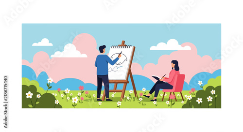 Flat illustration of people painting and sketching in a scenic outdoor park with flowers and pastel sky.