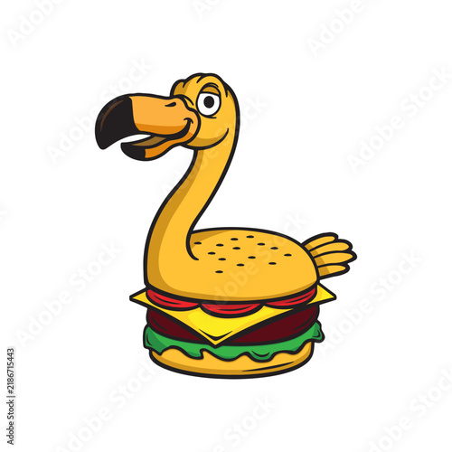 Cartoon flamingo burger hybrid character illustration.