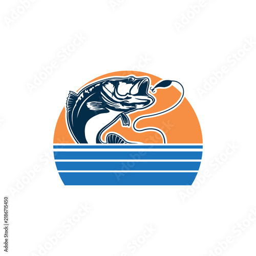 Dynamic Bass Fish Jumping with Lure in Retro Sunset Design.