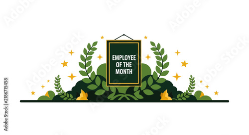 Employee of the Month award banner with laurel wreath and stars. Vector illustration for corporate recognition and office excellence.