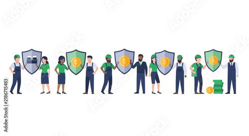 Diverse Workers Holding Money Protection Shields for Financial Security and Insurance