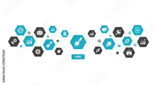 Business recruitment and hiring infographic concept with hexagonal icons and management symbols