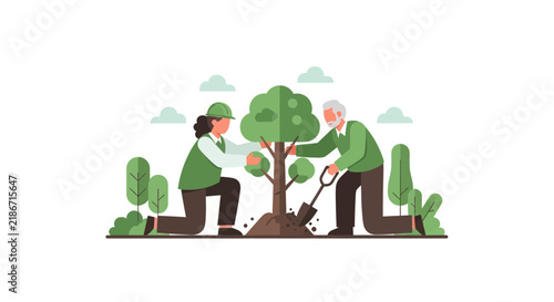 Intergenerational Tree Planting Illustration for Sustainability and Environmental Conservation