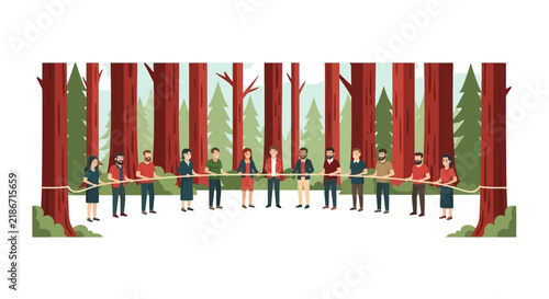 Diverse Group Holding Rope Around Redwood Trees for Environmental Conservation