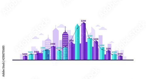 Urban Economic Growth Graph and City Skyline Vector Illustration