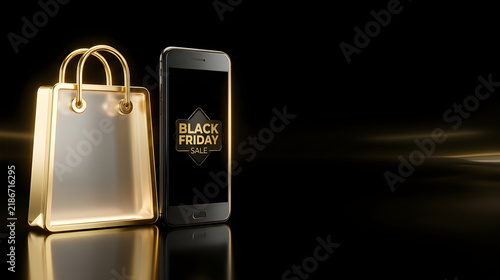 Golden Shopping Bag Next to Smartphone Displaying Black Friday Sale Badge
