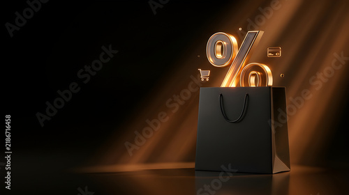 Glowing Golden Percentage Sign Emerging from Black Shopping Bag for Black Friday