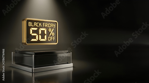 Glowing Digital Display Sign 50 Percent Off Black Friday Sale Above Showcase Podium