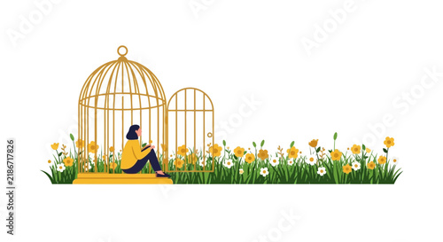 Woman Sitting in Open Birdcage in Flower Meadow Illustration